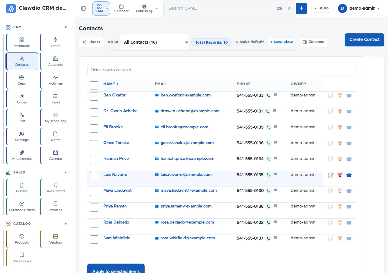 The contacts list with saved views and filters.