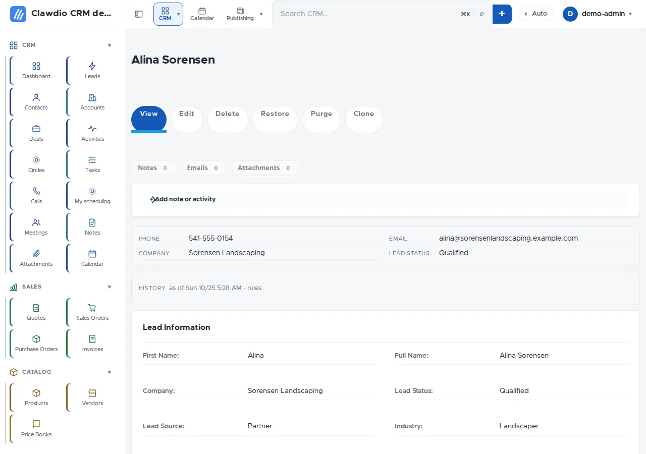 A lead record page with phone, email, company, status, notes, emails and attachments.