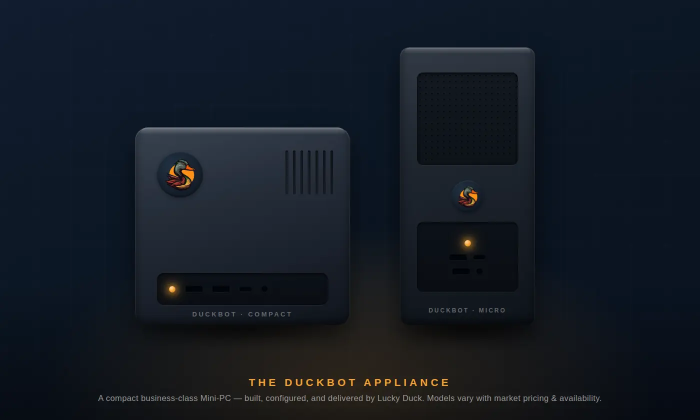 DuckBot appliance — compact business-class Mini-PC (models vary with market pricing and availability)